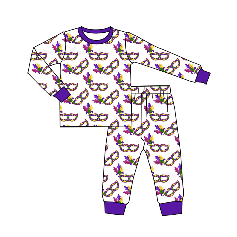 Preorder (moq 5) Baby Girl Clothes Mardi Gras Mask Feather Print Long Sleeve Top Pant Pajama Set