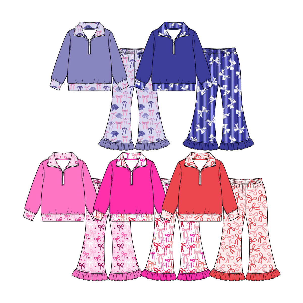 Preorder (moq 5) Baby Girl Clothes Red Bow Striped Print Long Sleeve Half Zip Top Ruffle Flare Pant Set