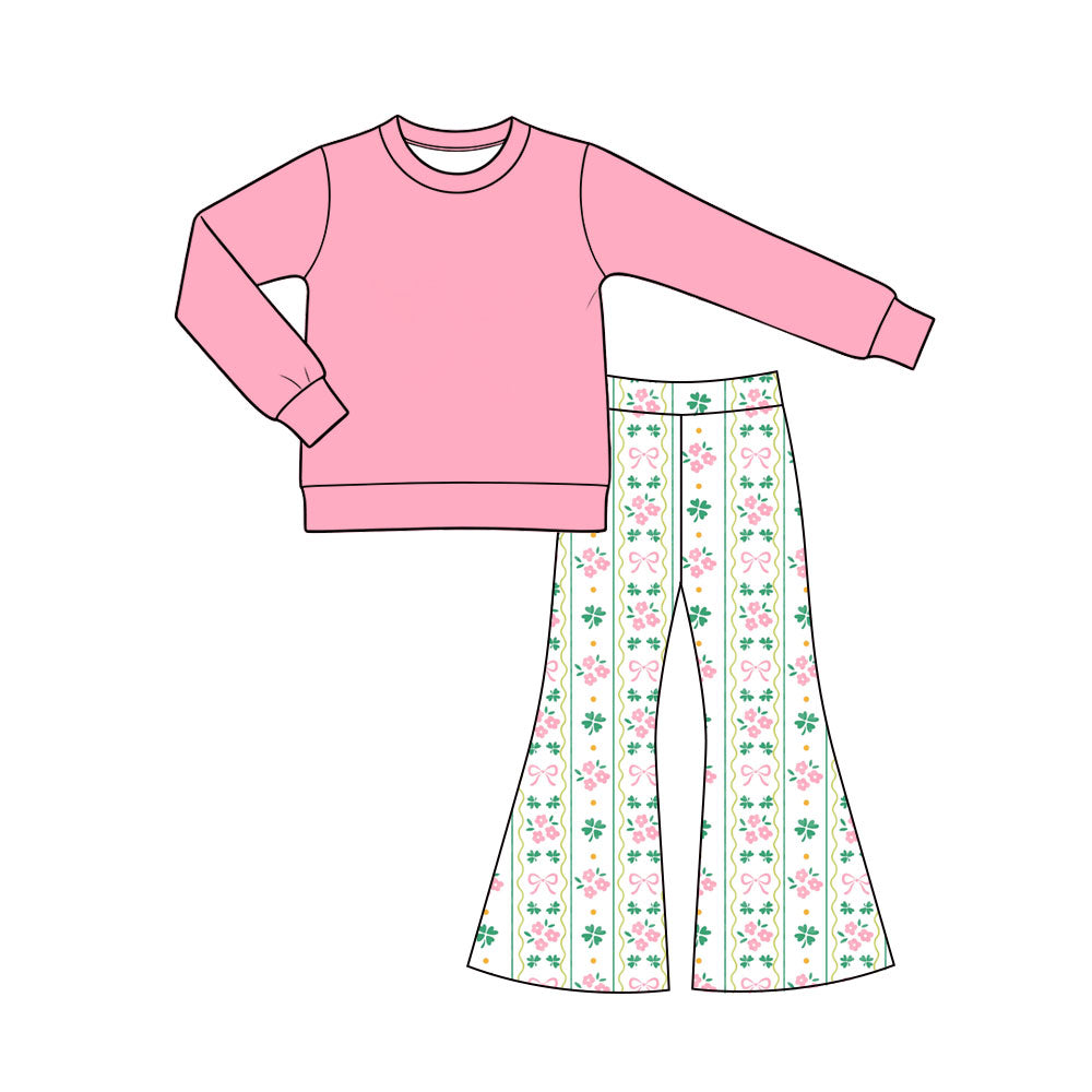 Preorder (moq 5) Baby Girl Clothes St Patricks Day Clover Floral Bow Stripe Print Long Sleeve Flare Pant Set