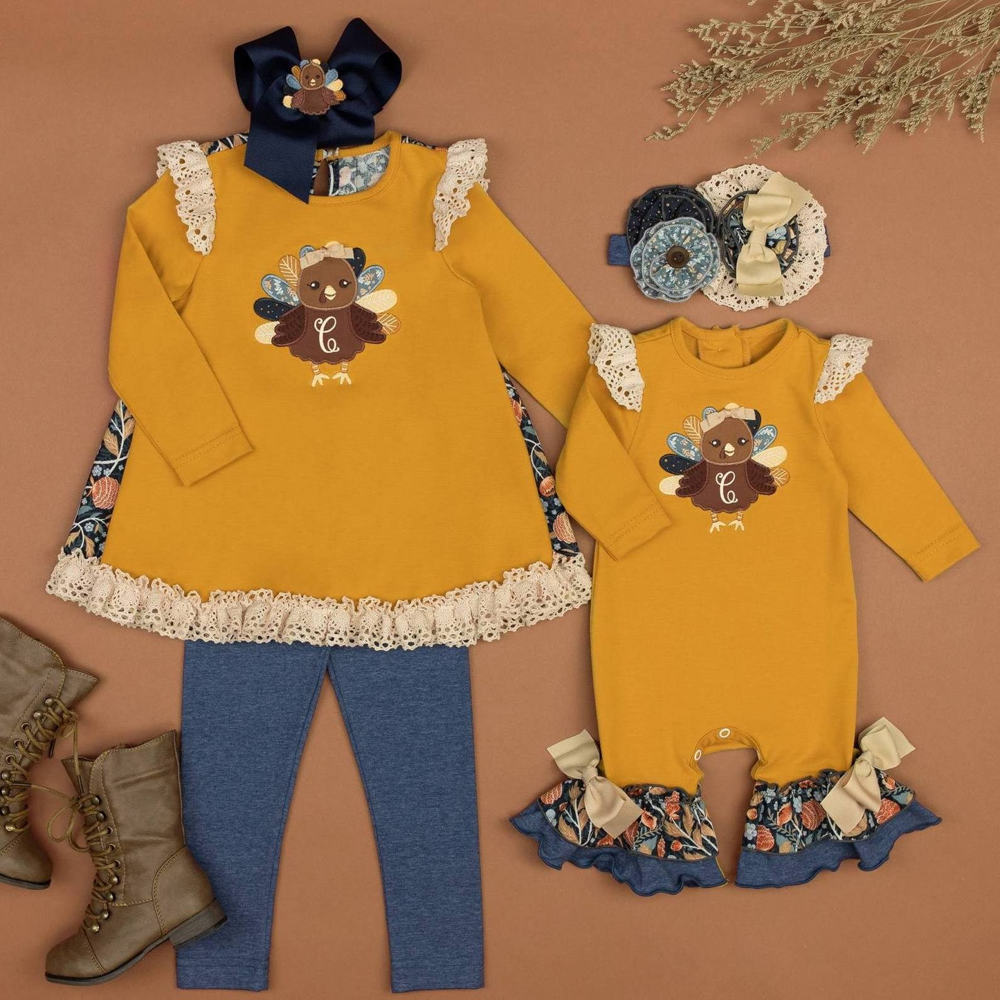 Embroidery Thanksgiving turkey sibling LR1423 girl romper 202409 RTS