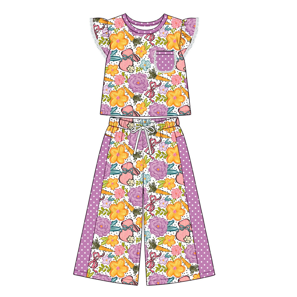 Preorder (moq 5) Baby Girl Clothes Easter Bunny Floral Carrot Print Short Flutter Sleeve Top Wide Leg Pants Outfit Set
