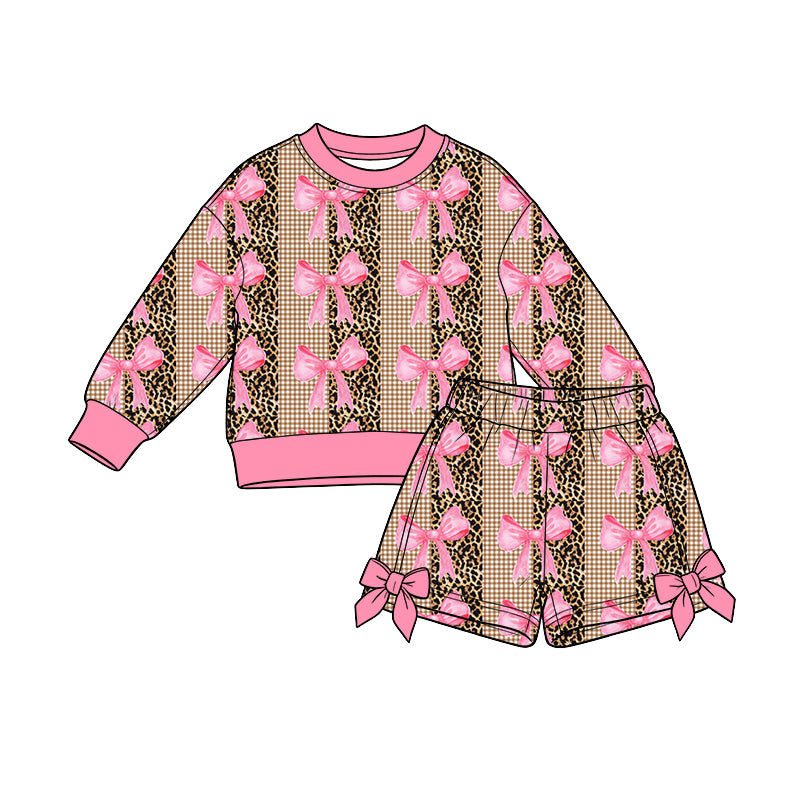 Preorder (moq 5) Baby Girl Clothes Leopard Gingham Pink Bow Mixed Print Long Sleeve Sweatshirt Short Set