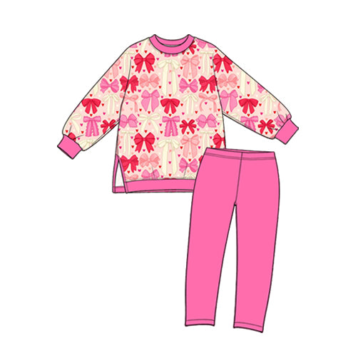 Preorder (moq 5) Baby Girl Clothes Multi Color Bow Allover Print Long Sleeve Top Solid Pink Legging Pant Set