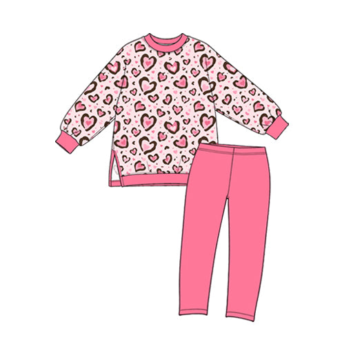 Preorder (moq 5) Baby Girl Clothes Leopard Heart Mixed Print Long Sleeve Top Solid Pink Legging Pant Set
