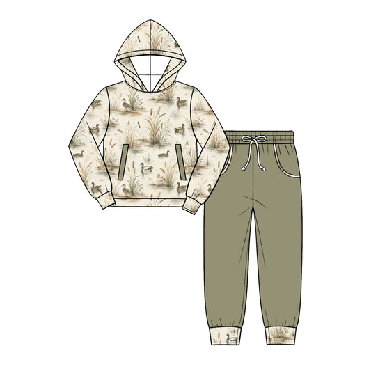 Preorder (moq 5) Baby Boy Clothes Vintage Mallard Duck Reeds Print Long Sleeve Hooded Top Jogger Pant Set