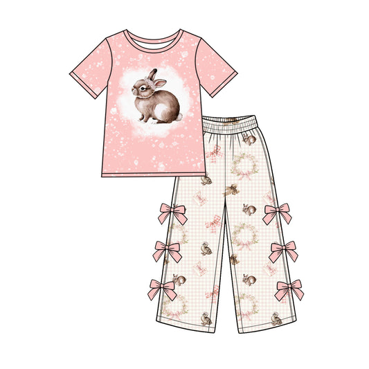 Preorder (moq 5) Baby Girl Clothes Easter Bunny Gingham Bow Mixed Print Short Sleeve Bow Wide Leg Pant Set