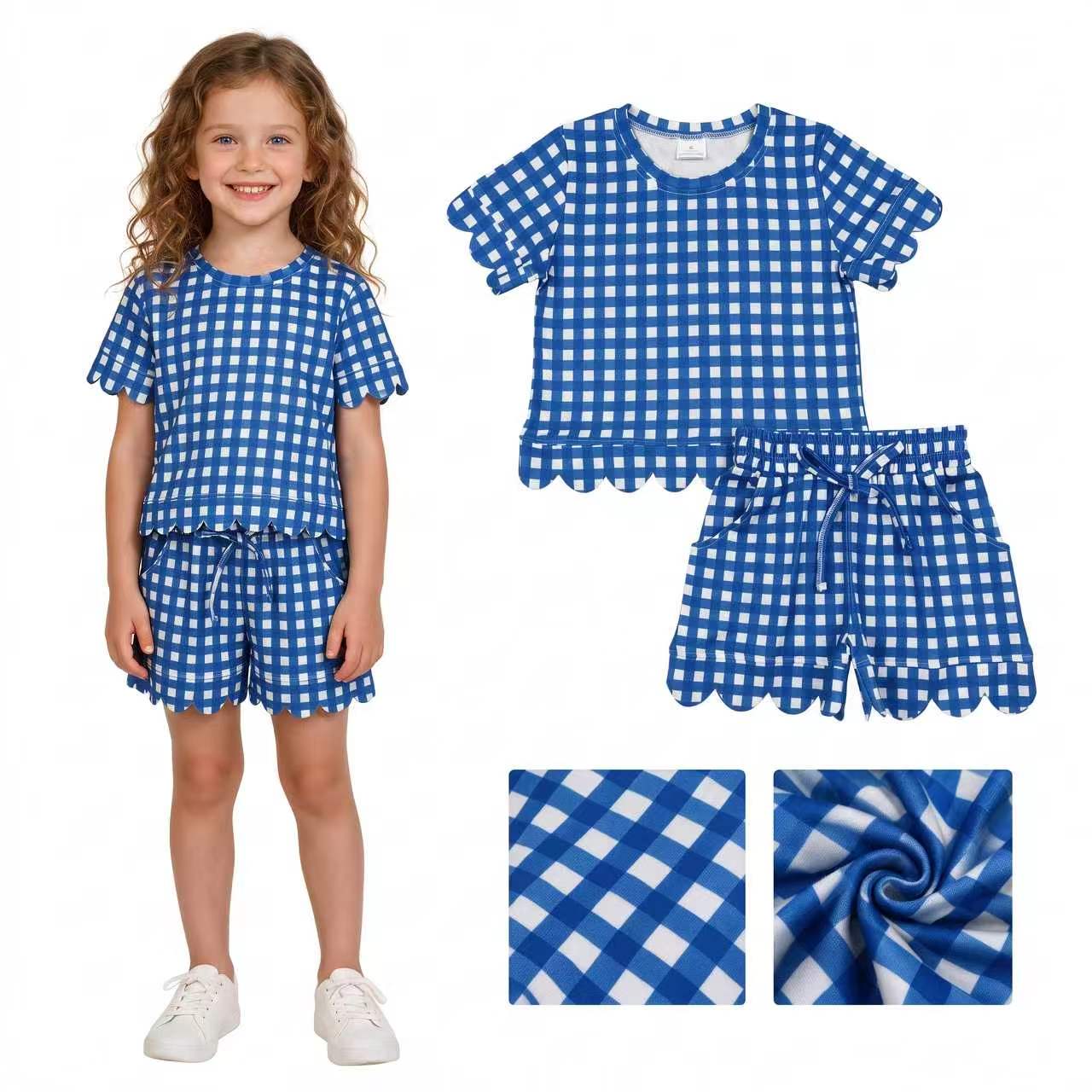 RTS NO MOQ GSSO3837 Blue Gingham Scallop Trim Girls Outfit – Short Sleeve Top & Shorts Set, Wavy Hem Summer Playwear