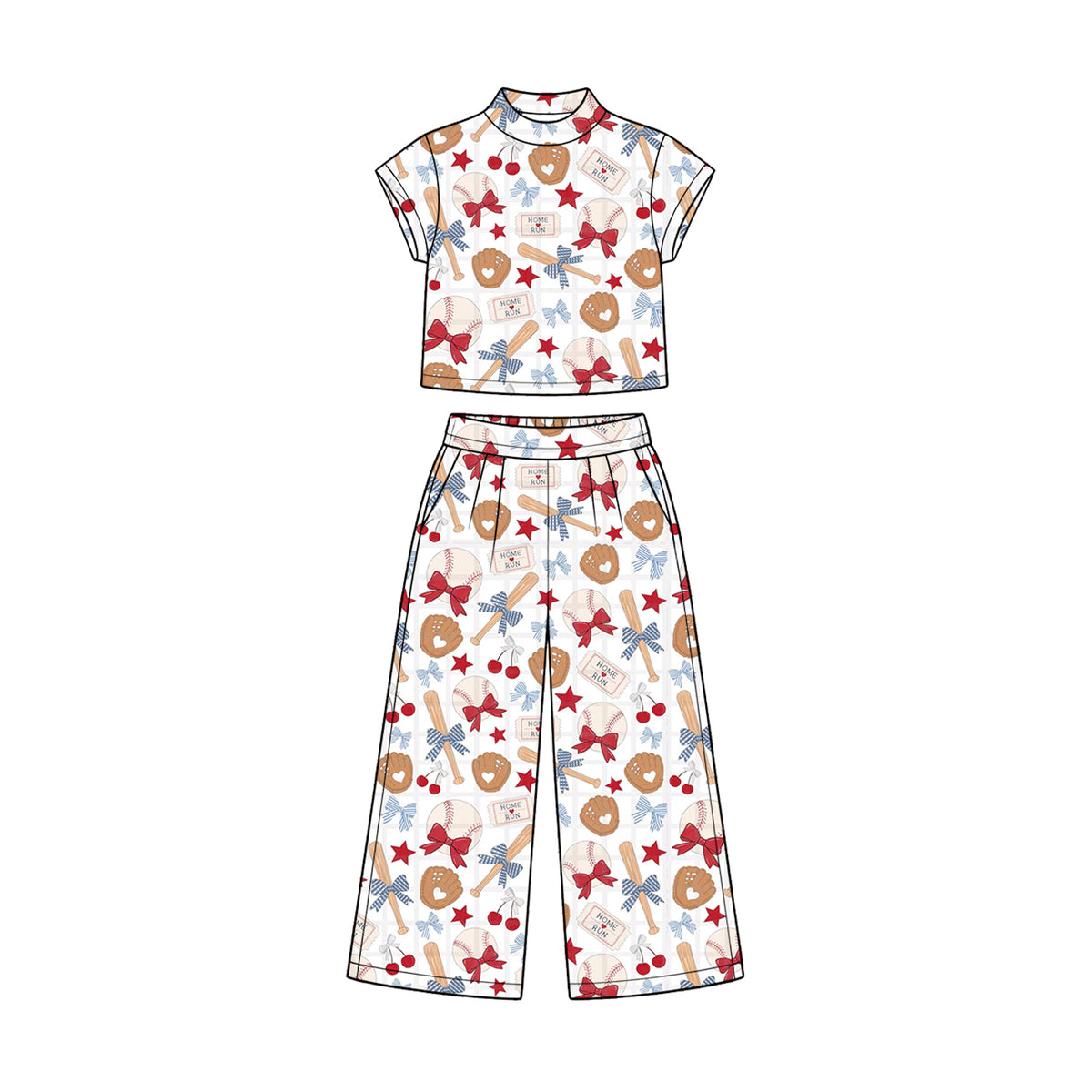 Preorder (moq 5) Baby Girl Clothes Baseball Glove Bow Heart Allover Print Short Sleeve Crop Top Wide Leg Pant Set