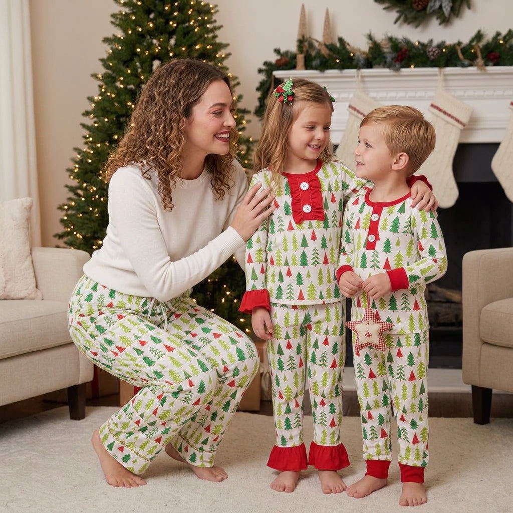 NO MOQ RTS GLP0725 Baby Girl Clothes Christmas Tree Allover Print Long Sleeve Ruffle Flare Pant Pajama Clothes Set 202610