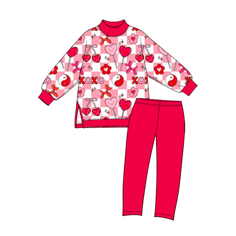 Preorder (moq 5) Baby Girl Clothes Valentine Lollipop Heart Checker Mixed Print Long Sleeve Mock Neck Top Solid Pant Set