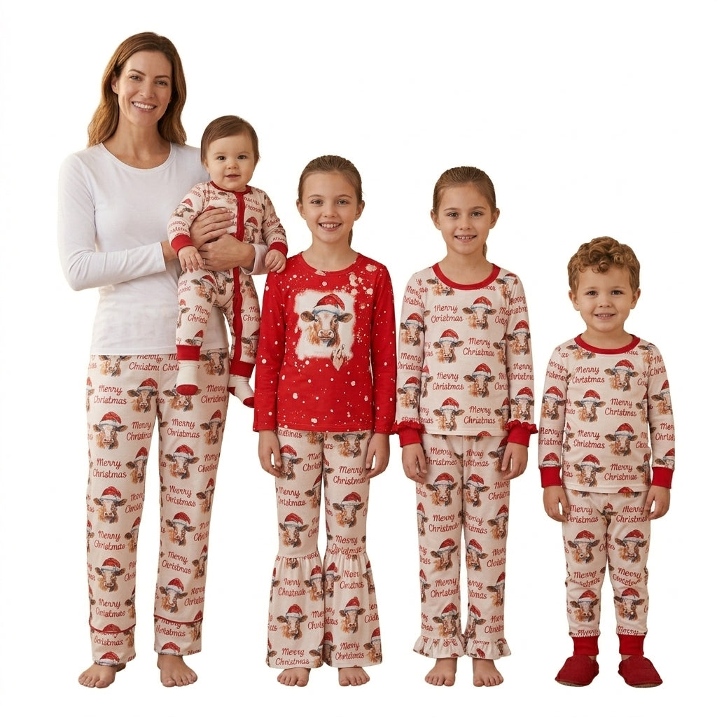 NO MOQ RTS BLP0388 Baby Boy Clothes Christmas Cow With Santa Hat Allover Print Long Sleeve Cuff Pant Pajama Clothes Set 202610