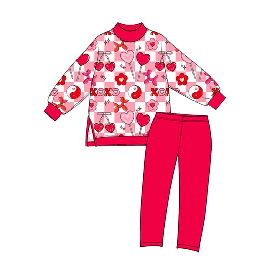 Preorder (moq 5) Baby Girl Clothes Valentine Checkered Heart Lollipop Flower Bow Print Long Sleeve Top And Legging Set