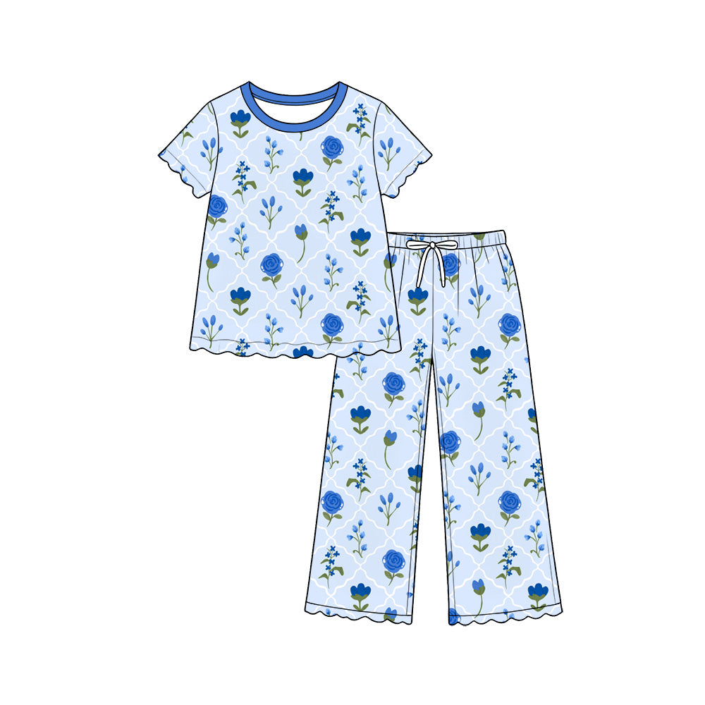 Preorder (moq 5) Baby Girl Clothes Blue Rose Lattice Mixed Print Short Sleeve Pajama Pant Set
