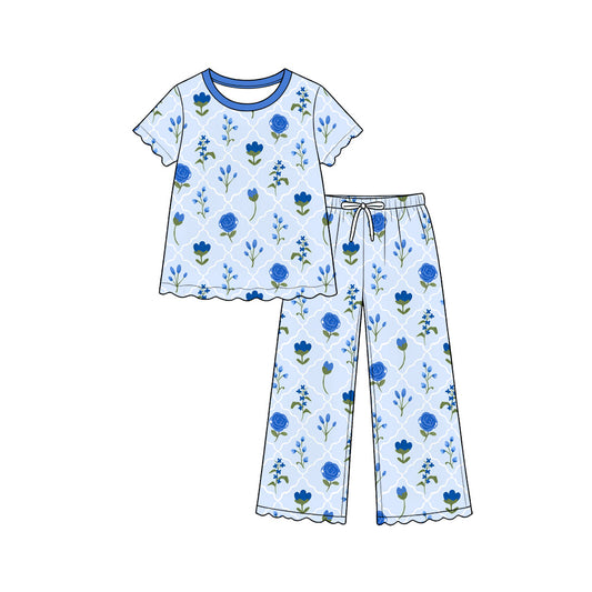Preorder (moq 5) Baby Girl Clothes Blue Rose Lattice Mixed Print Short Sleeve Pajama Pant Set