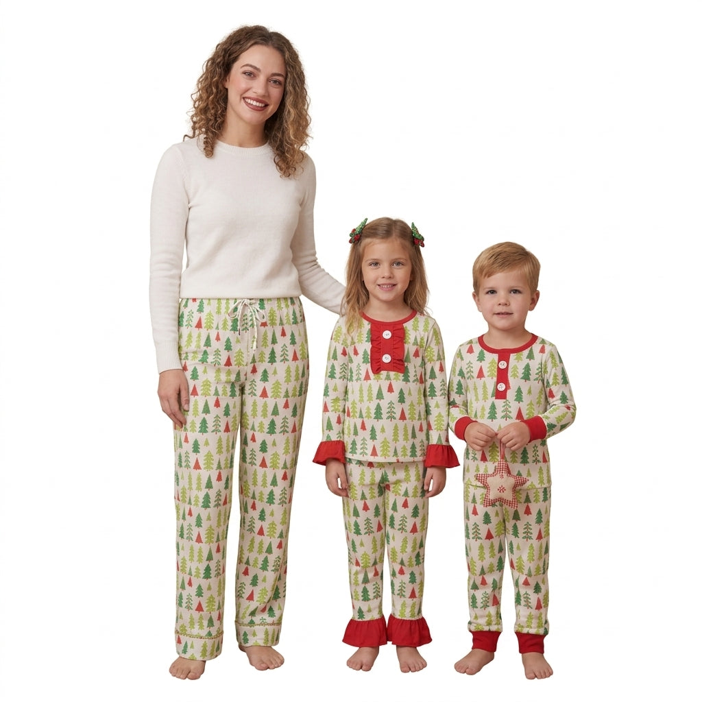NO MOQ RTS GLP0725 Baby Girl Clothes Christmas Tree Allover Print Long Sleeve Ruffle Flare Pant Pajama Clothes Set 202610