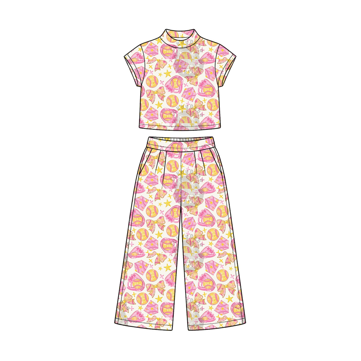 Preorder (moq 5) Baby Girl Clothes Pink Baseball Star Bow Allover Print Short Sleeve Crop Top Wide Leg Pant Set