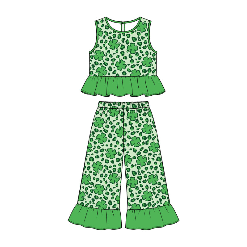 Preorder (moq 5) Baby Girl Clothes St Patrick Shamrock Leopard Mixed Print Sleeveless Ruffle Flare Pant Set