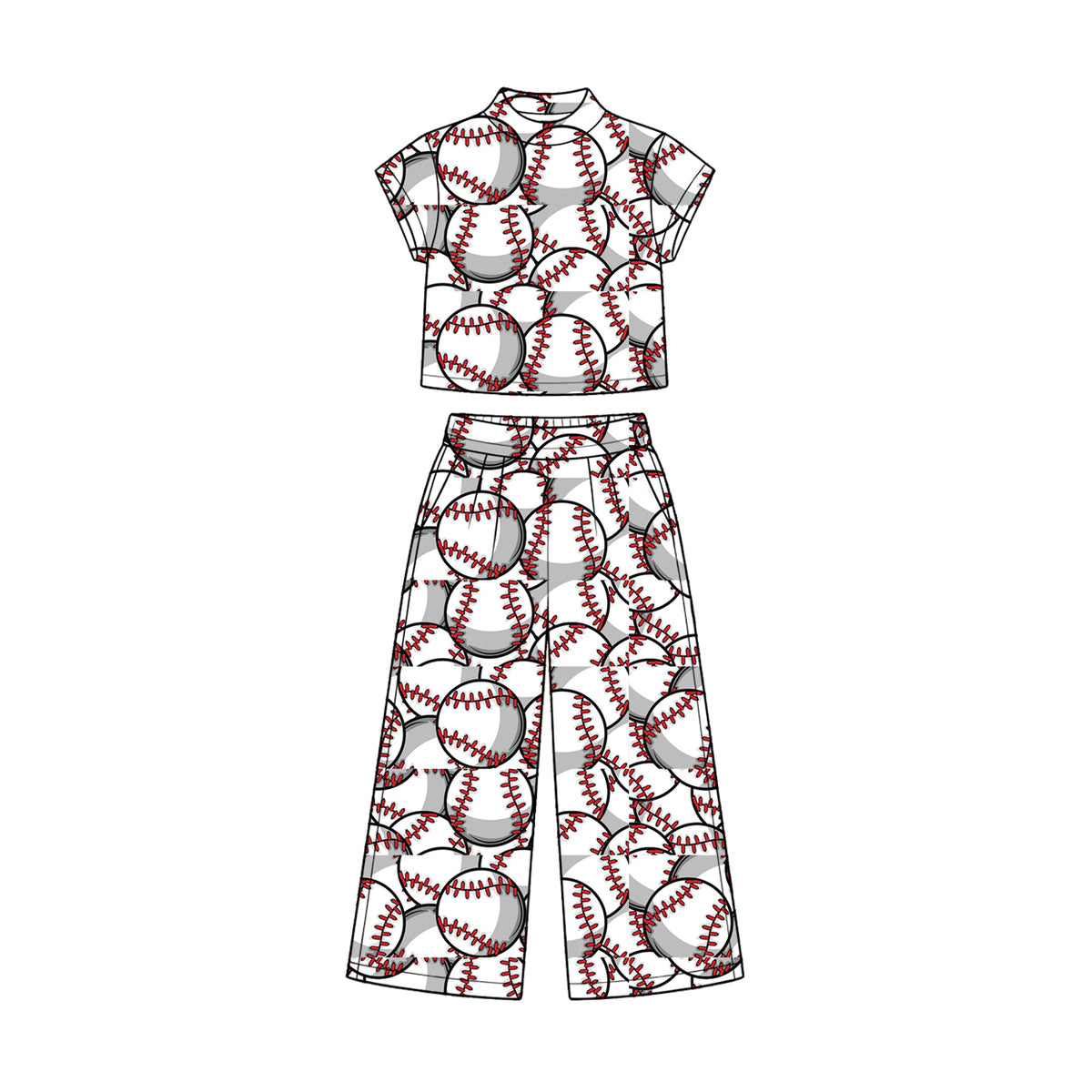 Preorder (moq 5) Baby Girl Clothes Classic Baseball Ball Allover Print Short Sleeve Crop Top Wide Leg Pant Set
