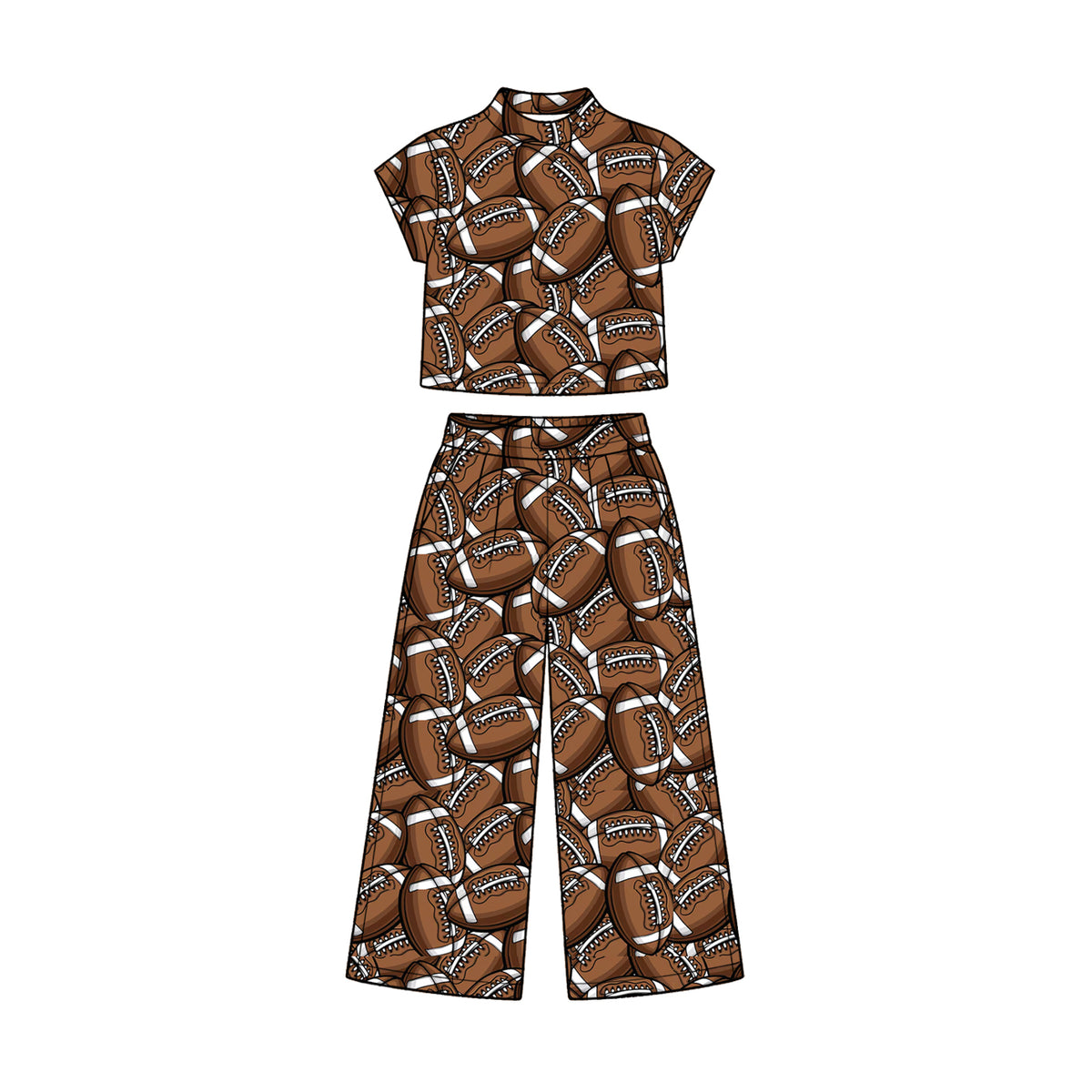 Preorder (moq 5) Baby Girl Clothes Football Allover Print Short Sleeve Crop Top Wide Leg Pant Set