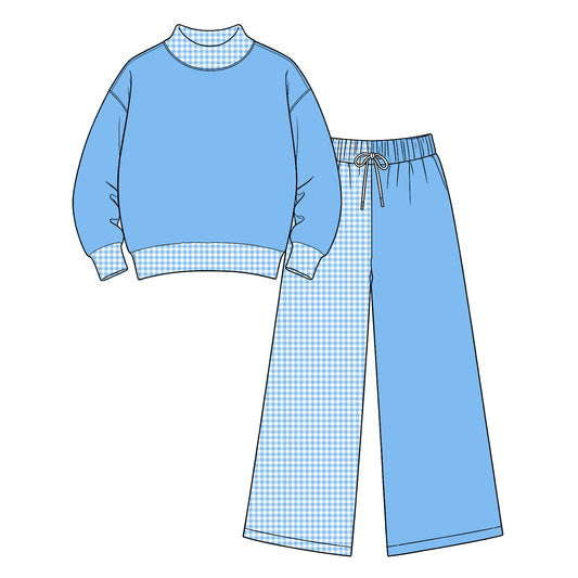 Preorder (moq 5) Baby Girl Clothes Solid Color Gingham Patchwork Print Long Sleeve Wide Leg Pant Set