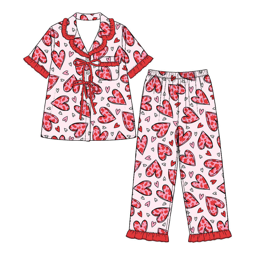 Preorder (moq 5) Baby Girl Clothes Valentine Leopard Heart Mixed Print Short Sleeve Ruffle Pajama Set