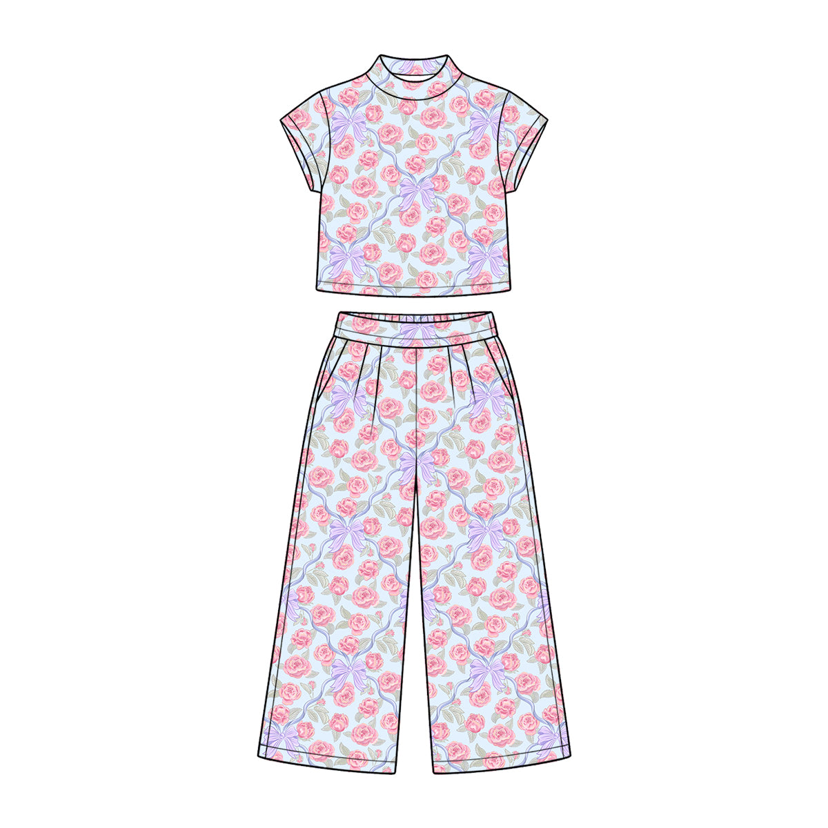 Preorder (moq 5) Baby Girl Clothes Rose Bow Floral Allover Print Short Sleeve Mock Neck Crop Top Wide Leg Pants Set