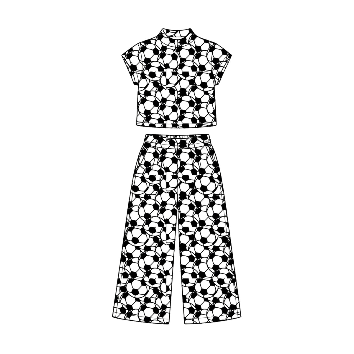 Preorder (moq 5) Baby Girl Clothes Soccer Ball Outline Allover Print Short Sleeve Crop Top Wide Leg Pant Set