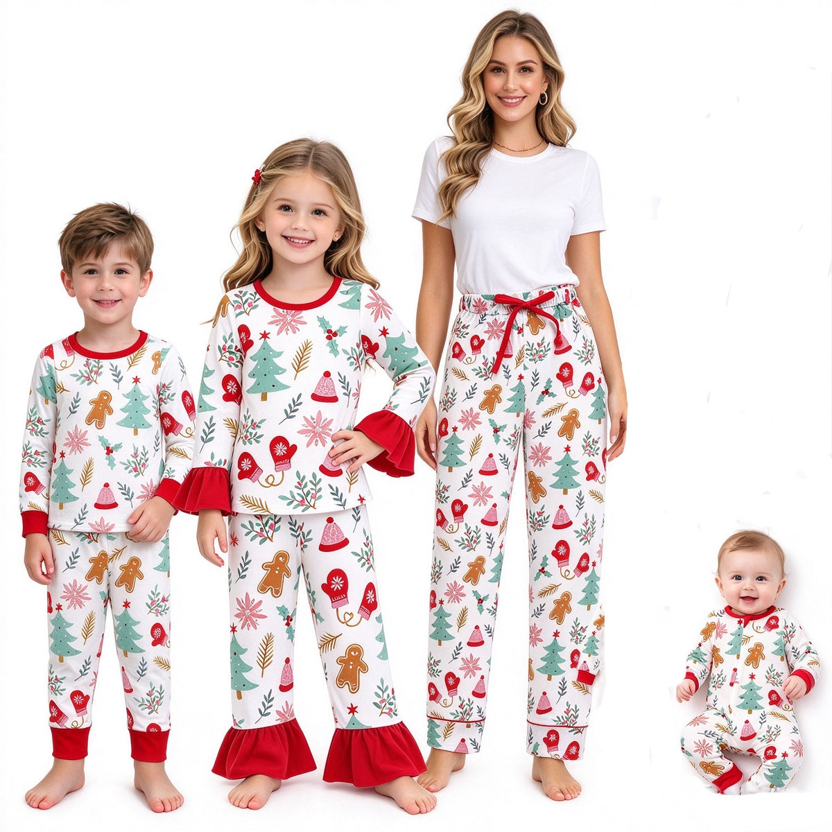 NO MOQ RTS BLP0264 Baby Girl Clothes Christmas Gingerbread Tree Mixed Print Long Sleeve Regular Pant Pajama Set 202610