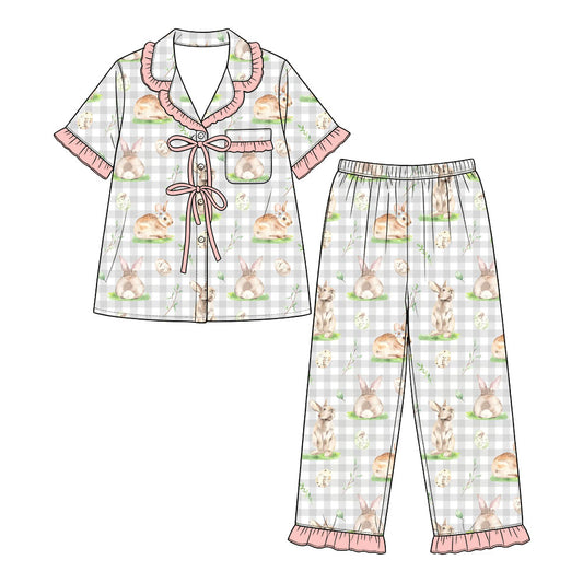 Preorder (moq 5) Baby Girl Clothes Easter Bunny Egg Gingham Print Short Sleeve Ruffle Pajama Set