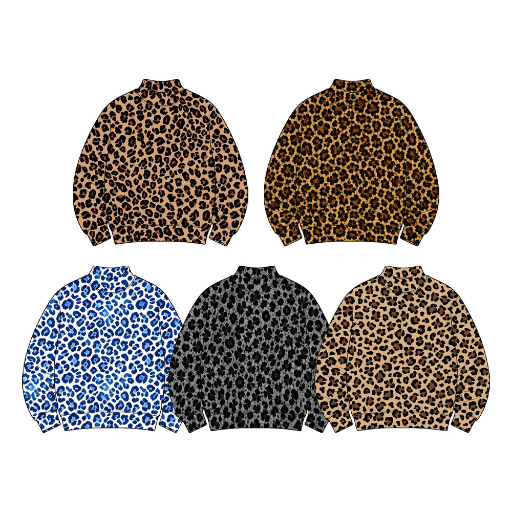 Preorder GT1913 Black Leopard Print Yoga Pullover for Women Stretch Mock Neck Long Sleeve Active Top