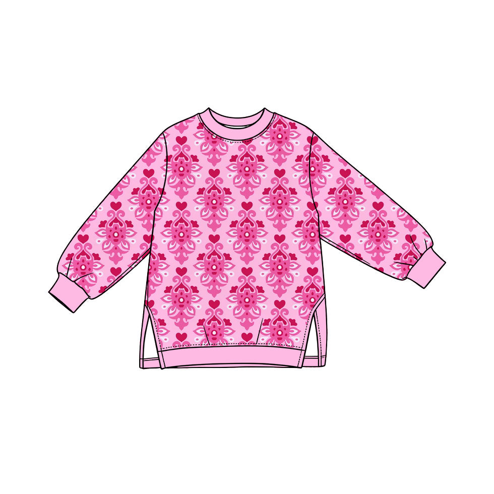 Preorder (moq 5) Baby Girl Clothes Damask Heart Allover Print Long Sleeve Side Slit Tunic Top