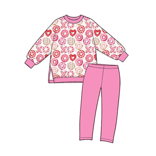 Preorder (moq 5) Baby Girl Clothes Donut Heart Candy Allover Print Long Sleeve Top Solid Pink Legging Pant Set