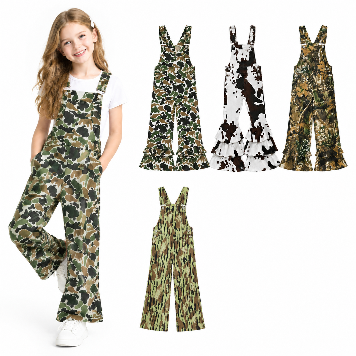 NO MOQ RTS P0534 Baby Kids Clothes Retro Bark Camo Print Sleeveless Wide Leg Overalls 202610