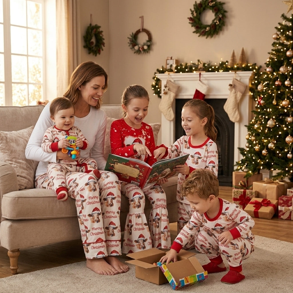 NO MOQ RTS P0321 (2)Women Clothes Christmas Cow With Santa Hat Allover Print Long Casual Pajama Pants 202610