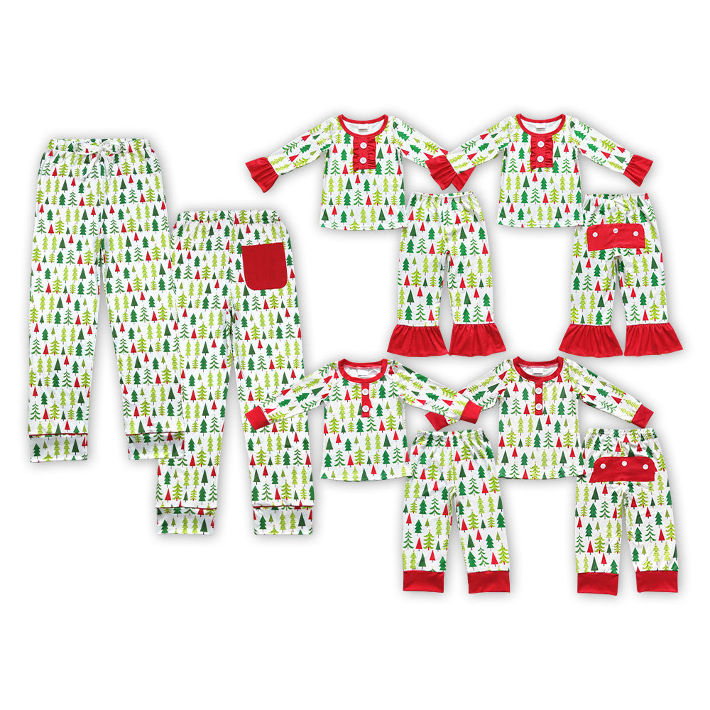 NO MOQ RTS GLP0725 Baby Girl Clothes Christmas Tree Allover Print Long Sleeve Ruffle Flare Pant Pajama Clothes Set 202610