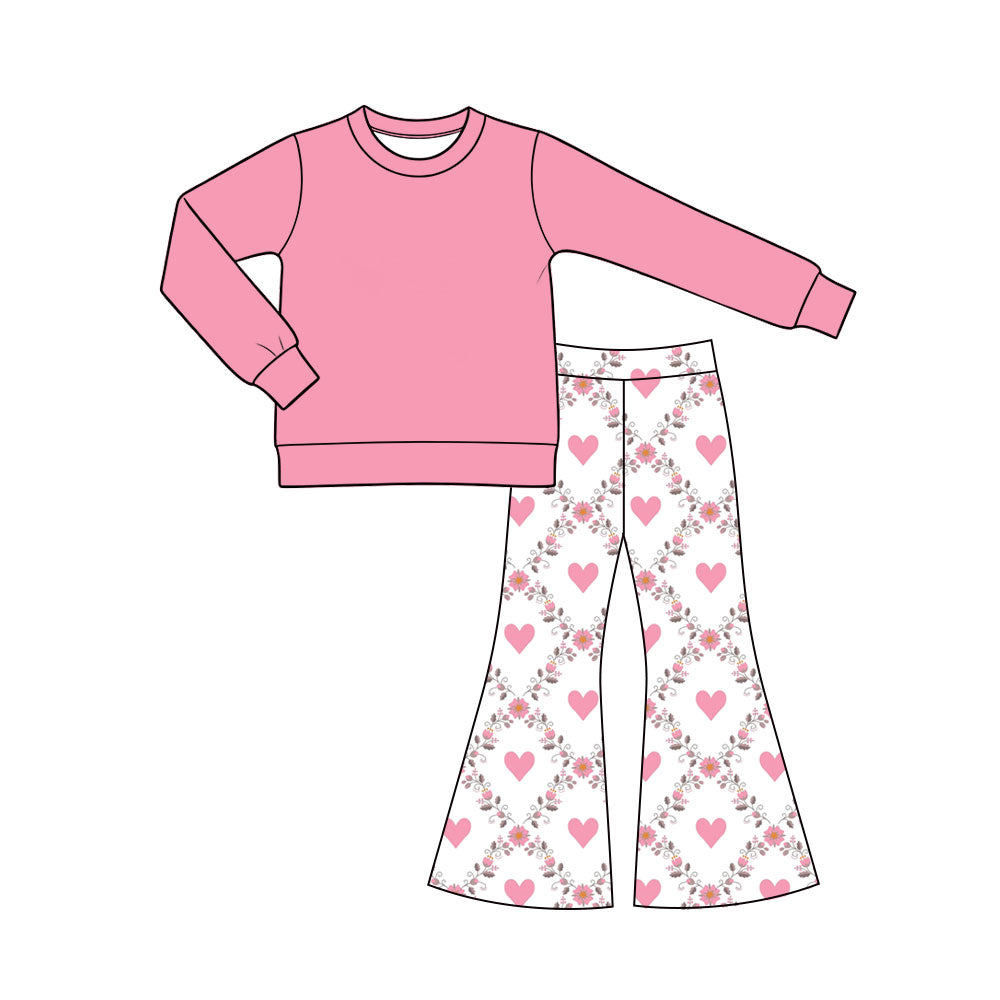 Preorder (moq 5) Baby Girl Clothes Solid Pink Top Heart Floral Print Flare Pants Outfit Set