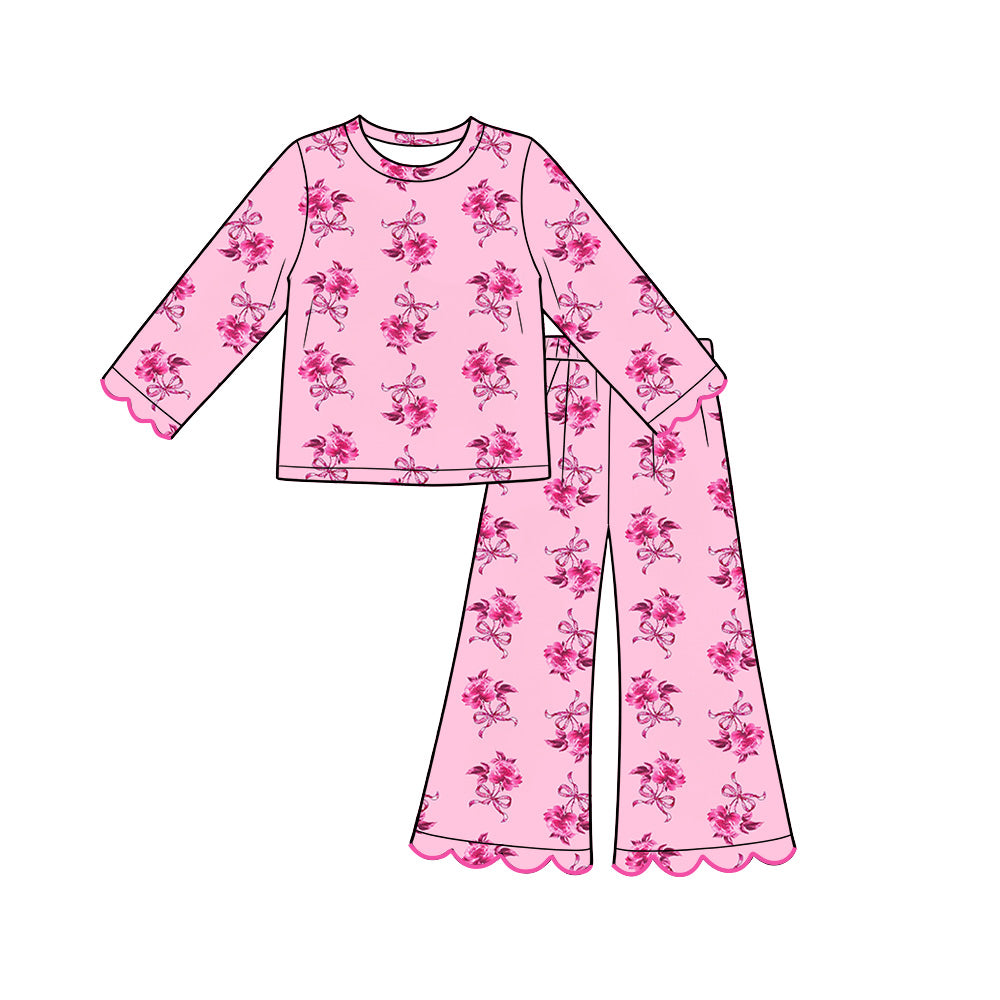 Preorder (moq 5) Baby Girl Clothes Valentine Pink Floral Bow Allover Print Long Sleeve Scallop Flare Pant Set
