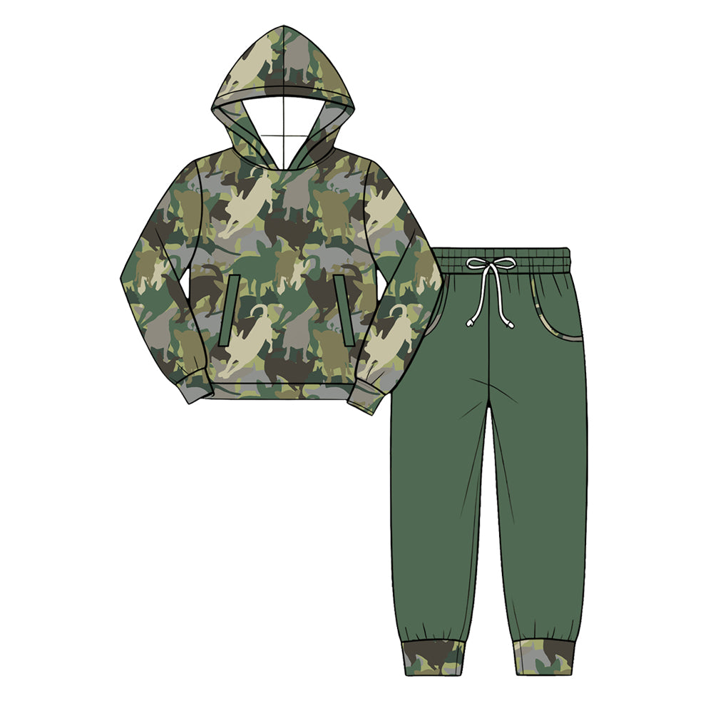 Preorder (moq 5) Baby Boy Clothes Camo Bull Print Long Sleeve Hoodie Green Jogger Pants Outfit Set