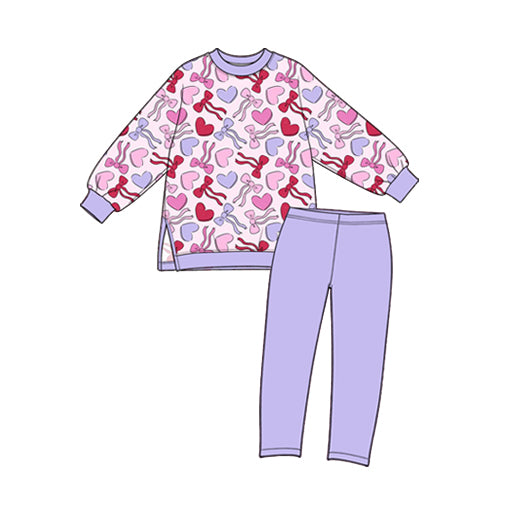Preorder (moq 5) Baby Girl Clothes Pastel Bow Heart Allover Print Long Sleeve Top Solid Lavender Legging Pant Set