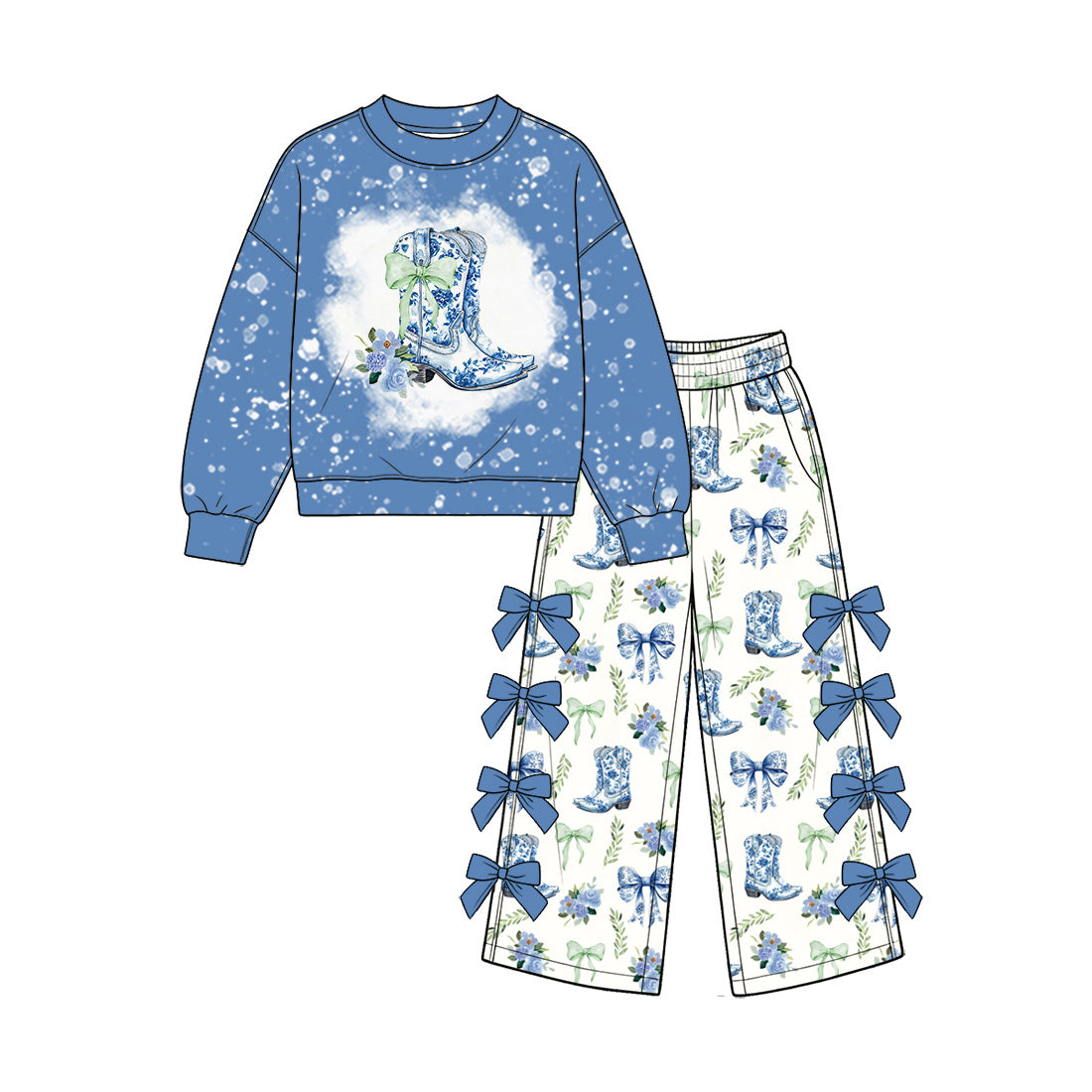 Preorder (moq 5) Baby Girl Clothes Blue Cowboy Boot Bow Floral Mixed Print Long Sleeve Sweatshirt Bow Flare Pant Set