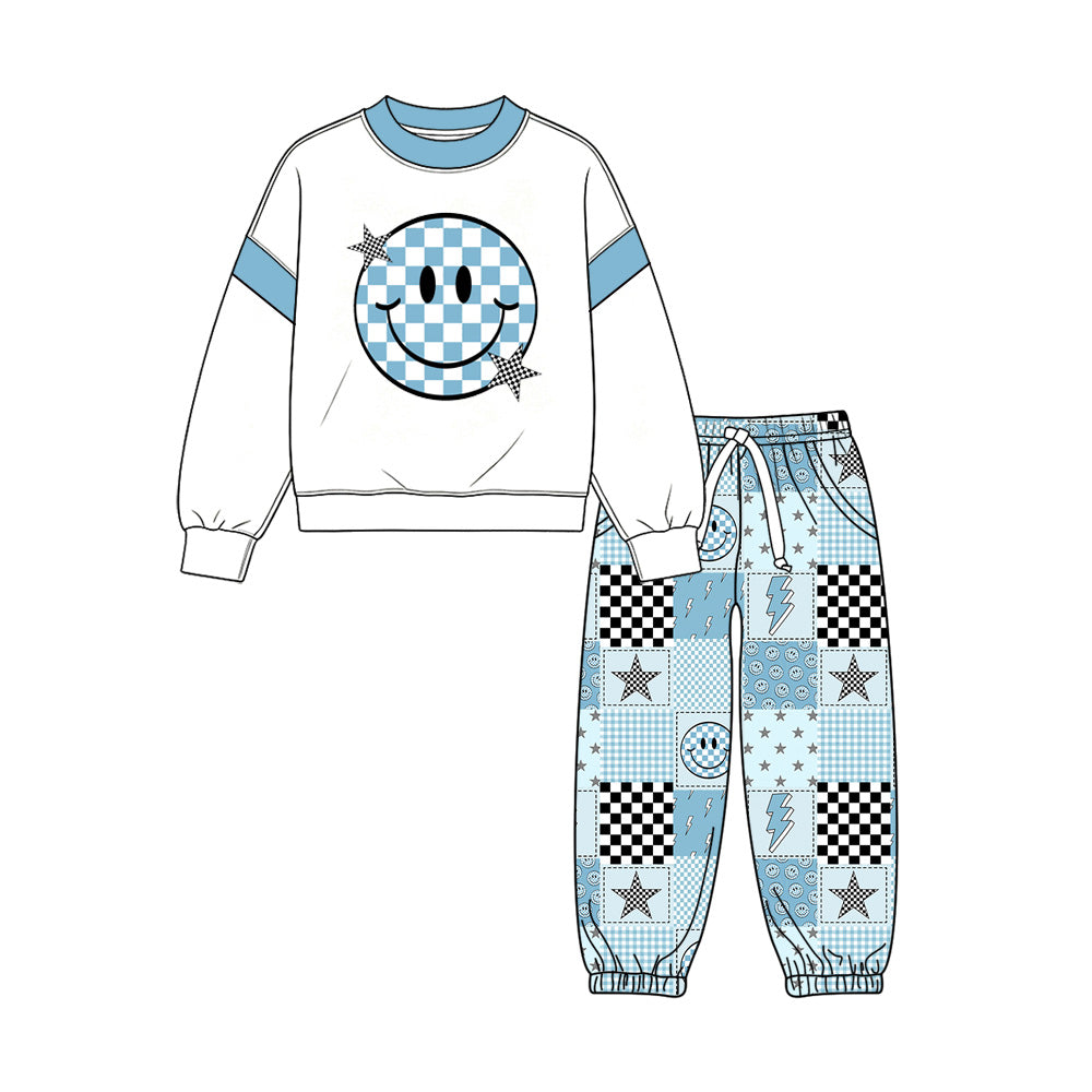 Preorder (moq 5) Baby Girl Clothes Checkered Smile Star Patchwork Print Long Sleeve Sweatshirt Jogger Pant Set
