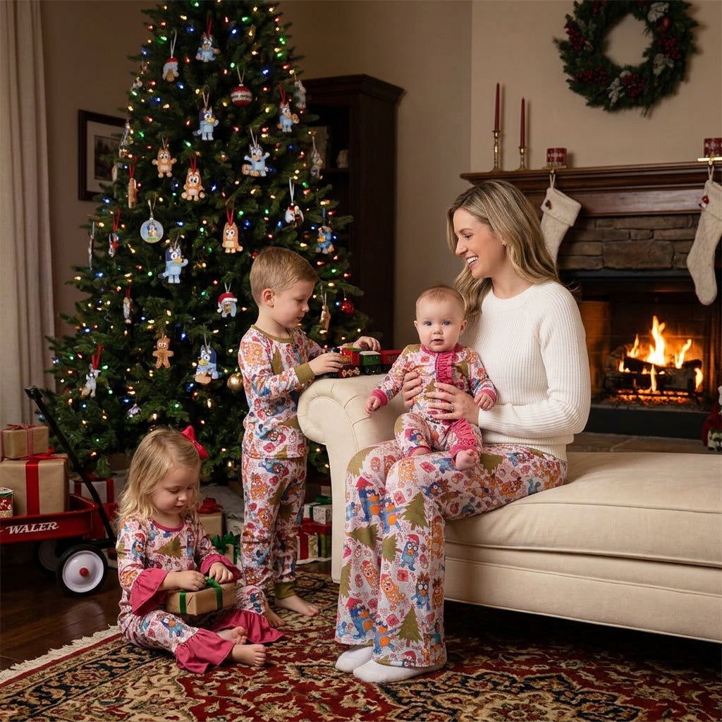 NO MOQ RTS BLP0258 Baby Boy Clothes Christmas Cartoon Dog Character Allover Print Long Sleeve Cuff Pant Pajama Clothes Set 202610