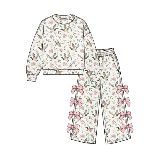 Preorder (moq 5) Baby Girl Clothes Floral Mallard Duck Print Long Sleeve Top Bow Flare Pant Set