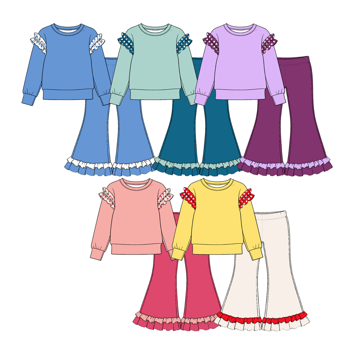 Preorder (moq 5) GLP4058 Baby Girl Clothes Solid Color Plaid Ruffle Accent Print Long Sleeve Flare Pant Set