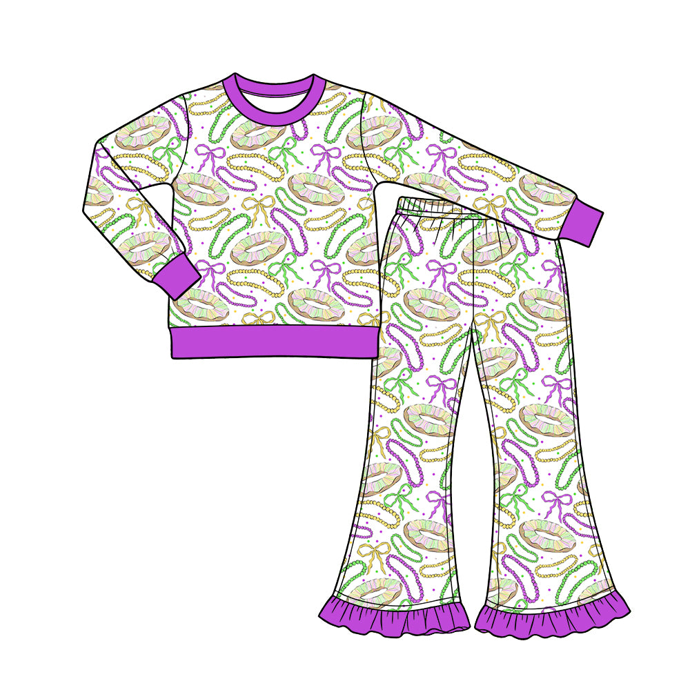 Preorder (moq 5) Baby Girl Clothes Mardi Gras King Cake Bead Bow Mixed Print Long Sleeve Flare Pant Set