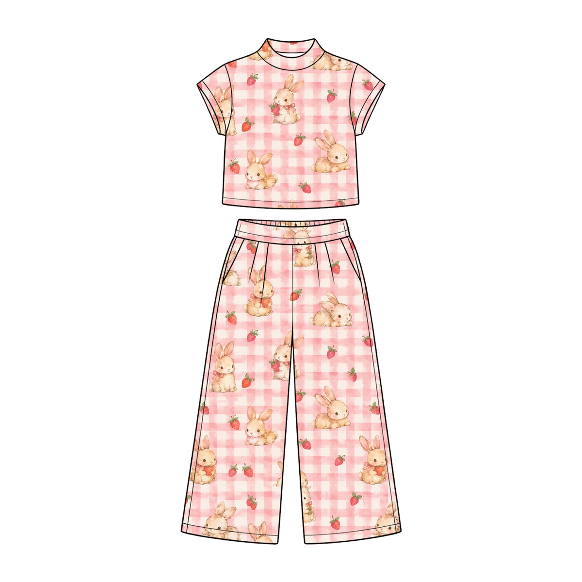 Preorder (moq 5) Baby Girl Clothes Easter Pink Gingham Bunny Strawberry Watercolor Print Short Sleeve Wide Leg Pant Set