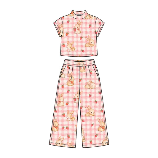 Preorder (moq 5) Baby Girl Clothes Easter Pink Gingham Bunny Strawberry Watercolor Print Short Sleeve Wide Leg Pant Set