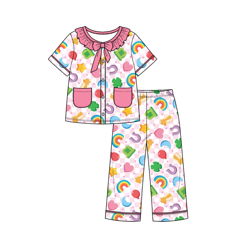 Preorder (moq 5) Girls St Patrick Pajamas Rainbow Shamrock Heart Print Ruffle Collar Bow Short Sleeve Top Long Pants Set