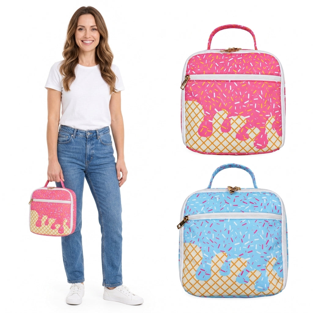 NO MOQ RTS BA0296 Kids Bag Ice Cream Waffle Sprinkle Mixed Print Portable Insulated Lunch Bag 202610