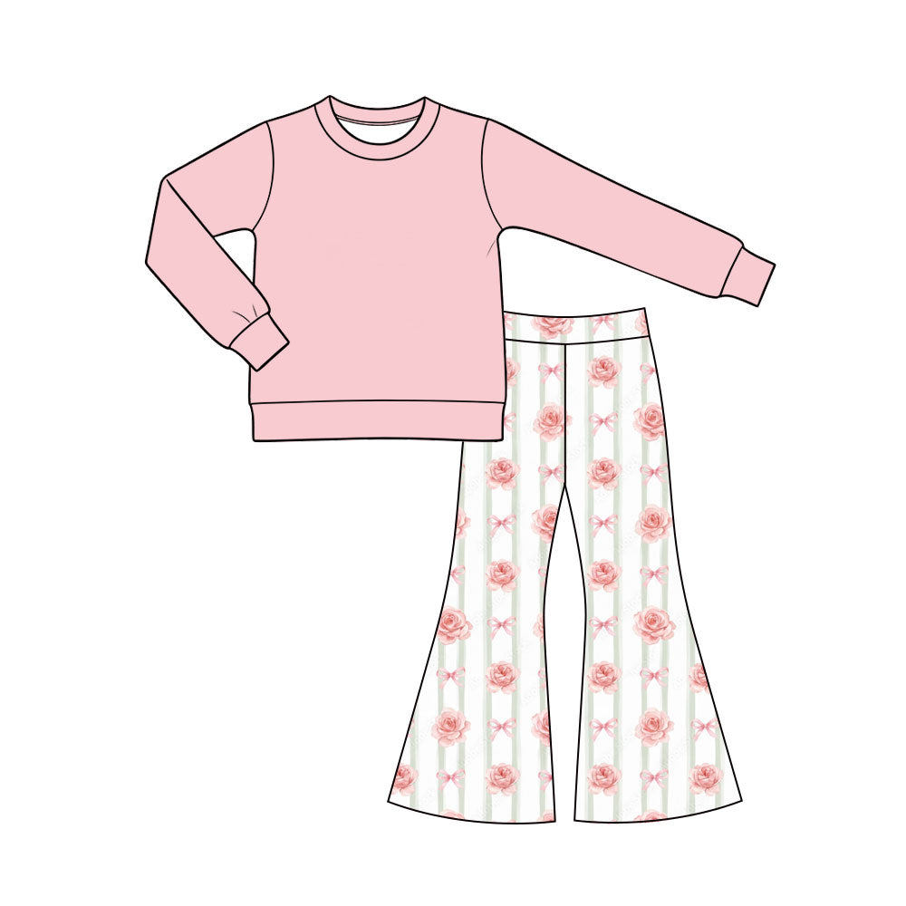 Preorder (moq 5) Baby Girl Clothes Pink Solid Top Rose Bow Stripe Print Long Sleeve Flare Pant Set